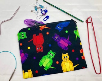Knit and crochet notion bag in bright cat print