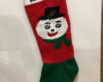 Snowman Hand Knit Christmas Stocking (all green foot, WHITE band and toe)