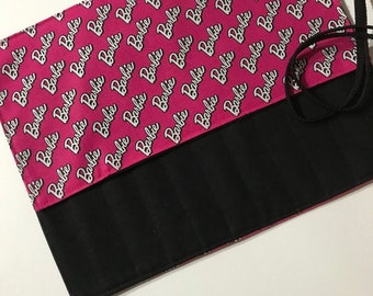 Barbie themed Crochet Hook / DPN case with black lining - 11 pockets