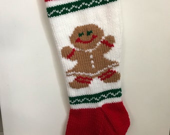 Gingerbread Girl Hand Knit Christmas Stocking with green frosting stripes, RED band, WHITE toe