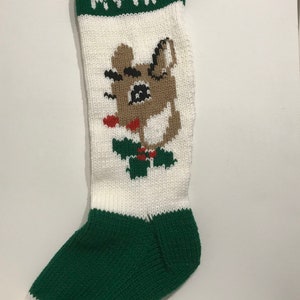 Rudolph - WHITE background Rudolph the Red Nosed Reindeer Christmas Stocking wIth a GREEN foot and band, WHITE toe