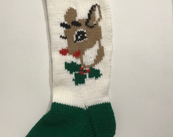 Hand Knit Rudolph Christmas Stocking – White Background, Personalized Name