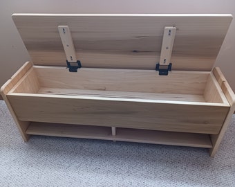 Child's bench and toy box. Solid hardwood childrens furniture. Childrens playroom furniture. Child's sitting bench.