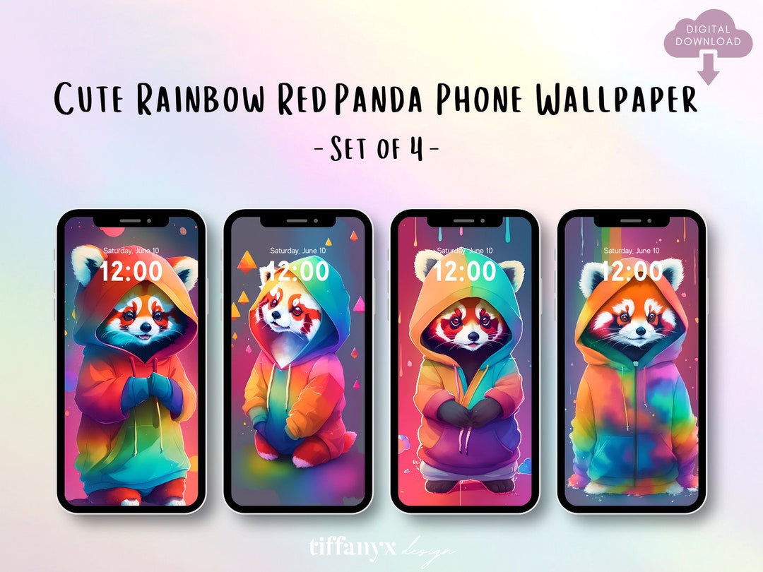Cute Red Panda in Rainbow Hoodie Phone Wallpaper,phone Background