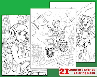 May include: A black and white coloring book featuring three illustrations. The first illustration shows a girl sitting in a chair holding a teddy bear. The second illustration shows a boy riding a scooter. The third illustration shows a girl jumping in the air. The book cover includes the text "21 Children's Stories Coloring Book".