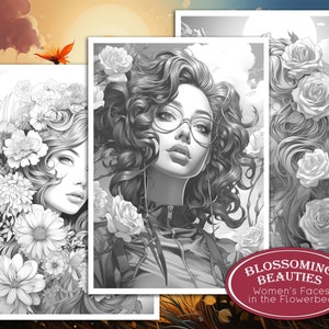 May include: Three black and white illustrations of women with flowers in their hair. The title "Blossoming Beauties Women's Faces in the Flowerbed" is at the bottom of the image.
