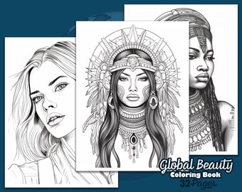 Global Beauty Coloring Book of 32 Beautiful faces | Digital Download
