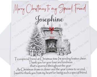 Könnte beinhalten: Weihnachtskarte mit einer Bleistiftzeichnung eines Kamins, eines Weihnachtsbaums und Geschenken. Die Karte trägt die Aufschrift "Merry Christmas to my Special Friend" und den Namen "Josephine". Ein Gedicht ist enthalten.