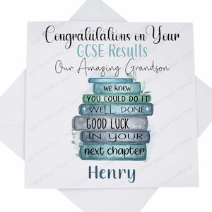 May include: A white GCSE results congratulations card. The design includes a stack of books with messages such as "Well Done" and "Good Luck." The card is personalised with the name "Henry" at the bottom.