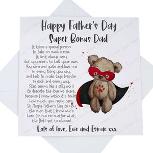 Super Stepdad Father's Day Card, Teddy Bear Card for Step Dad with Poem Verse,  Bonus Dad Fathers Day Card, Can be Personalised