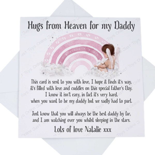 Father's Day from Baby in Heaven Card, Angel Baby Fathers Day Card with Poem Verse, Can be Personalised, Pink Rainbow Angel Baby