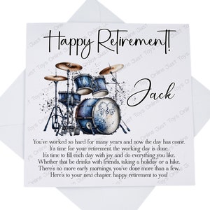 Happy Retirement Card, Personalised Retirement Card with Poem Verse, On Your Retirement Card, Drums Music Retirement Card