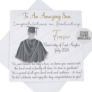 May include: A graduation card featuring a black and white illustration of a graduate. The card is addressed "To An Amazing Son" and includes the name "Fraser" and the date "July 2024" from the University of East Anglia.