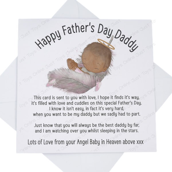 Father's Day from Angel Baby Card, Baby in Heaven Fathers Day Card with Poem Verse, Can be Personalised, Pink Feather Baby Loss Card