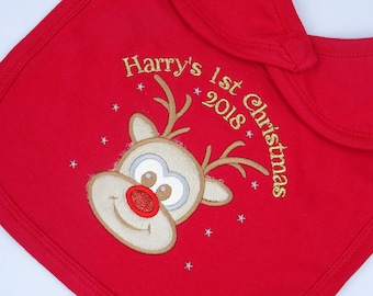 Personalised Embroidered SANTA APPLIQUE 1ST CHRISTMAS BABY BIB GROW VEST TSHIRT