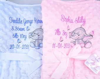 Personalised Embroidered Elephant Bubble Blanket Fleece Lined Baby Nursery Blanket 100cm x 75cm, Full Birth Details