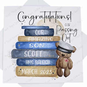 May include: Congratulations on passing out, our amazing son Scott, HMS Raleigh, March 2023. A navy blue teddy bear with a sailor hat is standing next to a stack of books with the text "Our Amazing Son Scott, HMS Raleigh, March 2023".