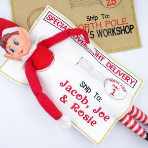 Personalised Christmas Felt Elf Prop Miniature Naughty Mini Elf Arrival from North Pole Envelope Return/Departure Envelope