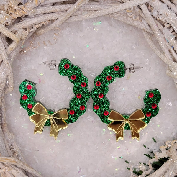 Wreath Earrings | Holiday Ugly Christmas Sweater Hoop Earrings | Winter Statement Jewelry