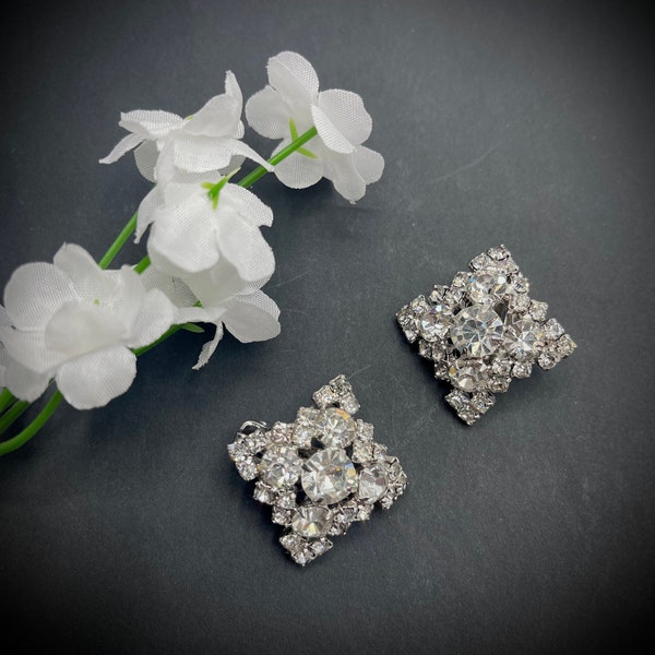 Vintage Clear Rhinestone Square Clip On Earrings