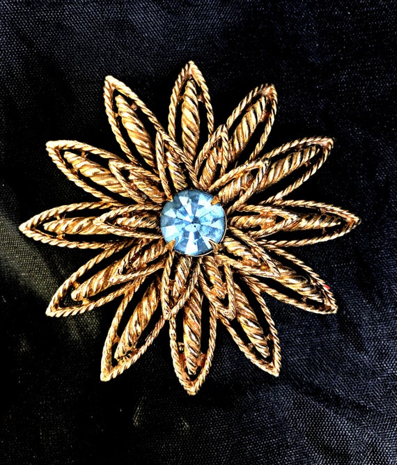 Cathe Floral Gold and Aquamarine Rhinestone Brooch