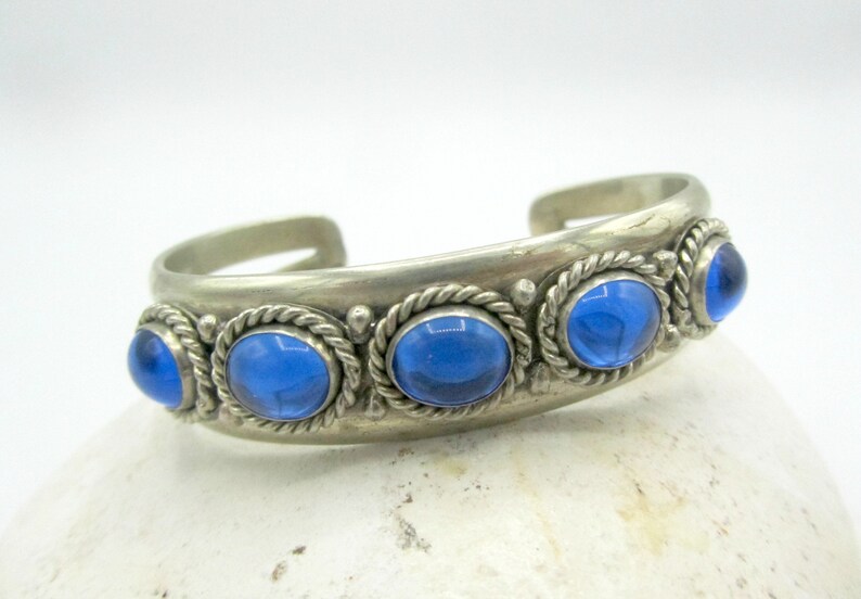 Sterling Silver and Faux Sapphire Cuff Adjustable Bracelet