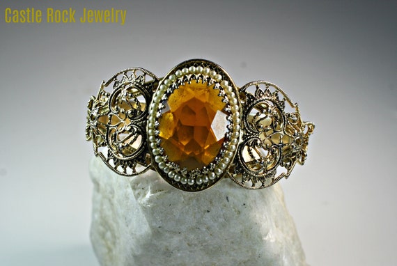 Ornate Gold Toned and Amber Stone Bracelet with S… - image 5