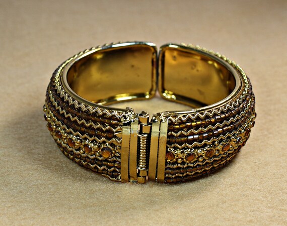 Vintage Gold and Rhinestone Beaded Clamper Bracel… - image 3
