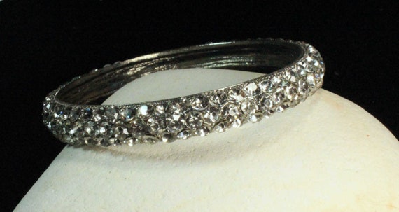 Rounded Rhinestone Silver Plated Bangle Bracelet - image 2