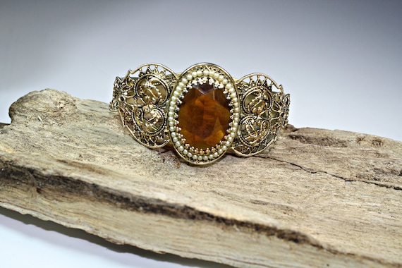 Ornate Gold Toned and Amber Stone Bracelet with S… - image 1