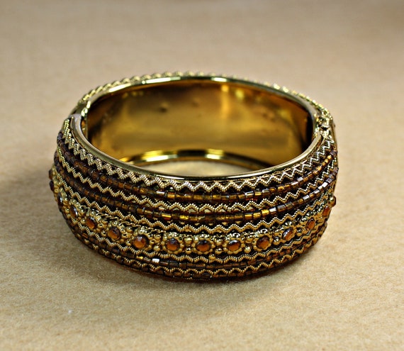 Vintage Gold and Rhinestone Beaded Clamper Bracel… - image 2