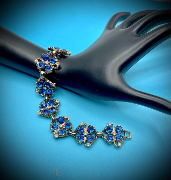 Sapphire Blue, Gold Tone and Clear Rhinestone Flo… - image 1