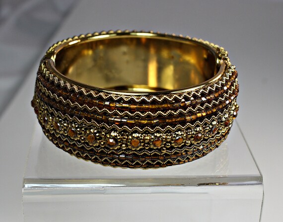 Vintage Gold and Rhinestone Beaded Clamper Bracel… - image 1
