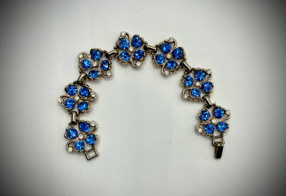 Sapphire Blue, Gold Tone and Clear Rhinestone Flo… - image 3