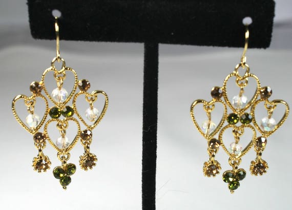 Beaded Chandelier Gold and Rhinestone Earrings - image 2