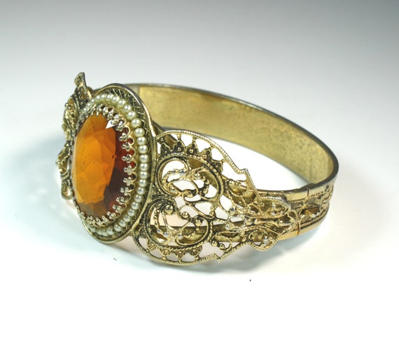 Ornate Gold Toned and Amber Stone Bracelet with S… - image 3