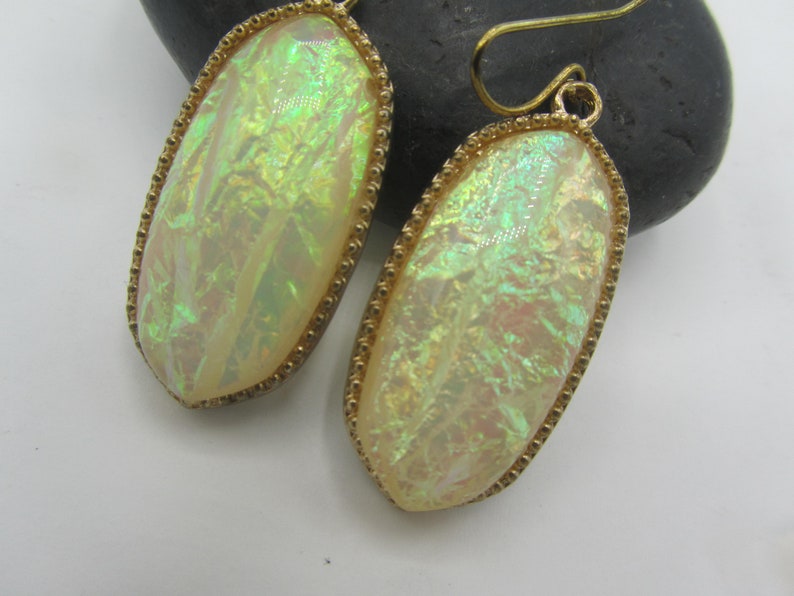DropDangle Earrings Vintage Fire Opal Earrings set in 10 K Gold Pierced Earrings.