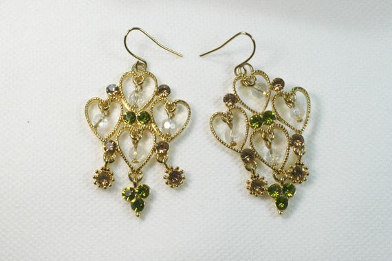 Beaded Chandelier Gold and Rhinestone Earrings - image 3