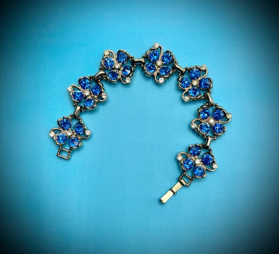 Sapphire Blue, Gold Tone and Clear Rhinestone Flo… - image 2