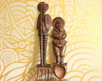 1970s Vintage Wooden Conquistador Fork and Spoon Wall Plaques