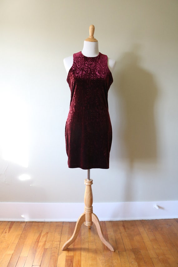 1990s Vintage Velvet Merlot Woodgrain Dress