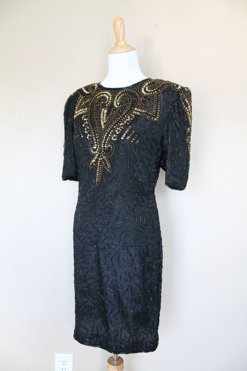 1990s Vintage Black and Gold Sequin Dress image 5