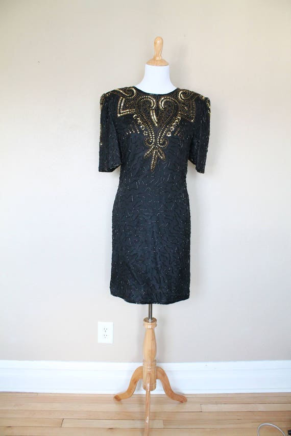 1990s Vintage Black and Gold Sequin Dress - image 1