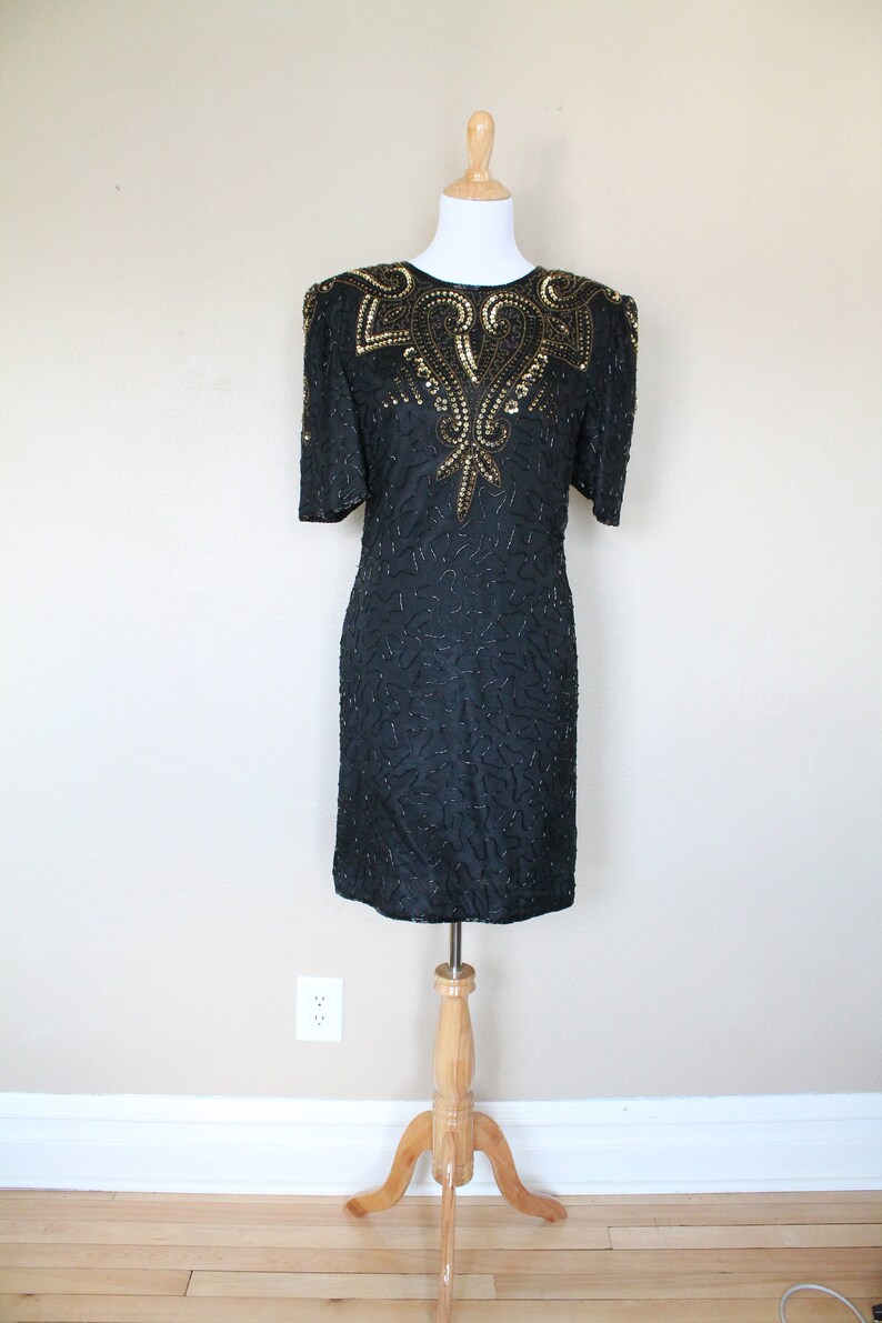 1990s Vintage Black and Gold Sequin Dress image 1