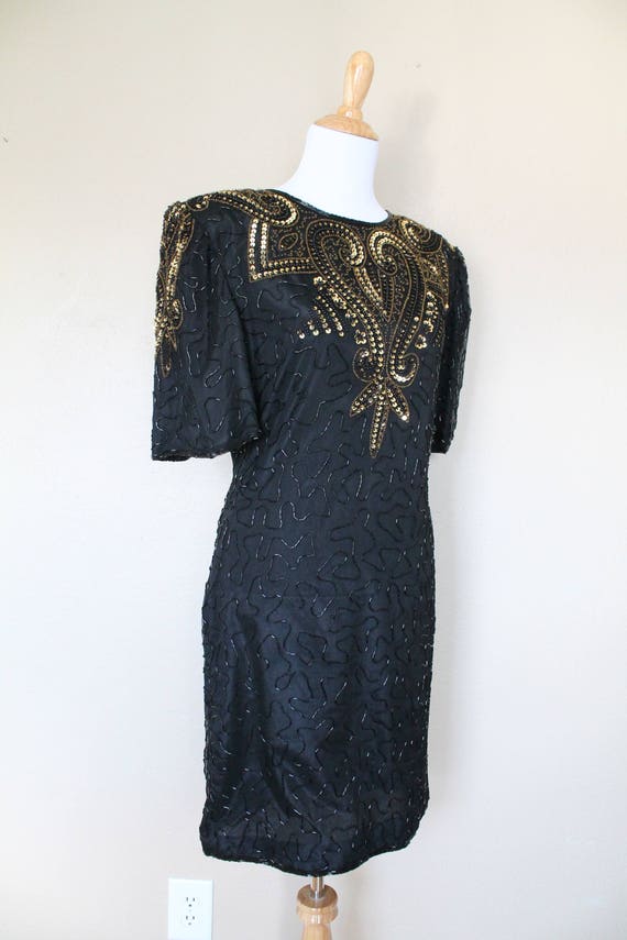 1990s Vintage Black and Gold Sequin Dress - image 4