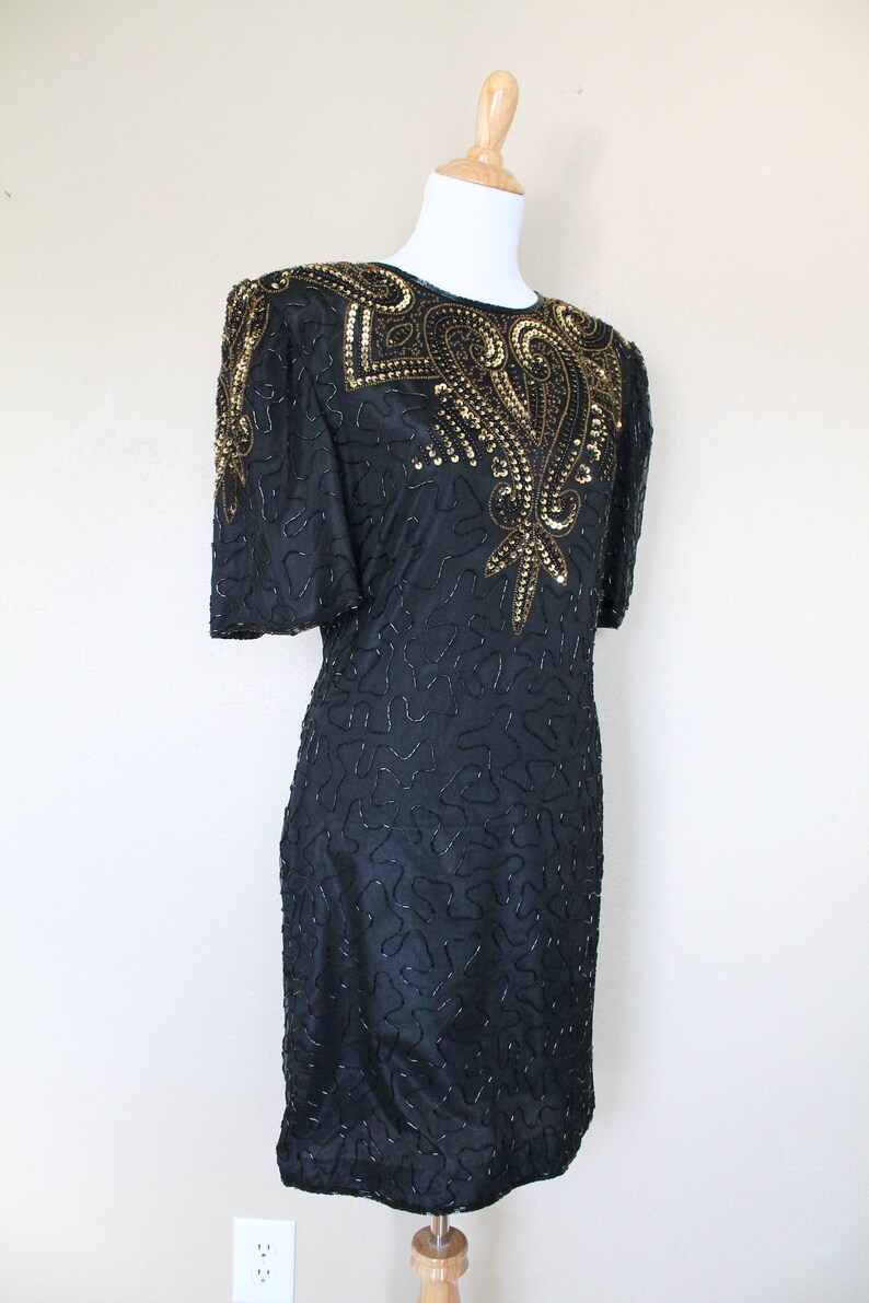 1990s Vintage Black and Gold Sequin Dress image 4