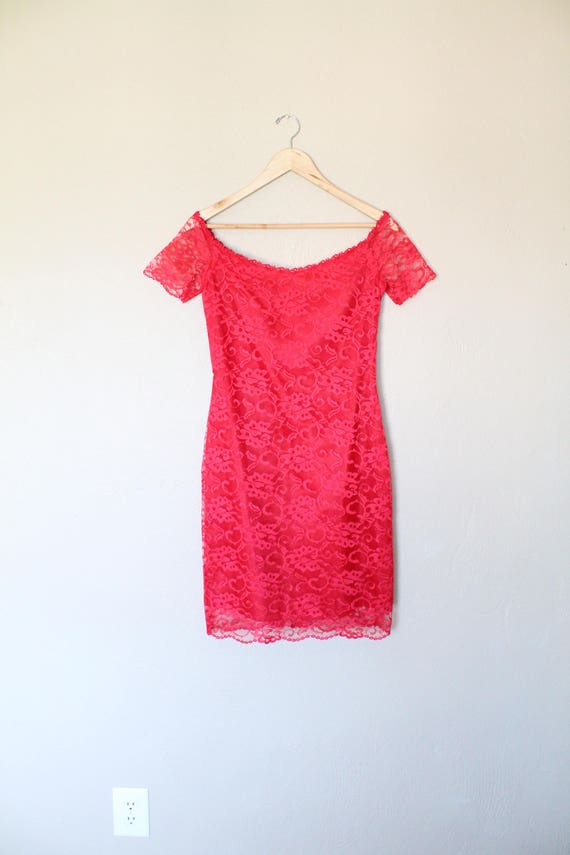 1980s Red Lace Party Dress