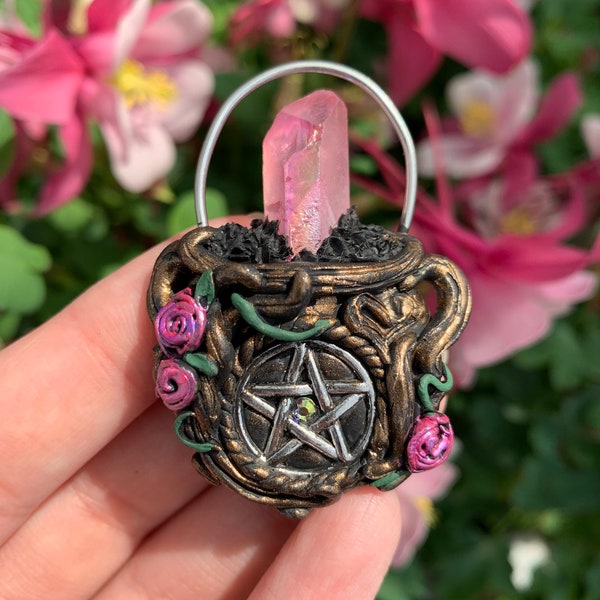Limited edition rose luster aura quartz woodlands cauldron pendant