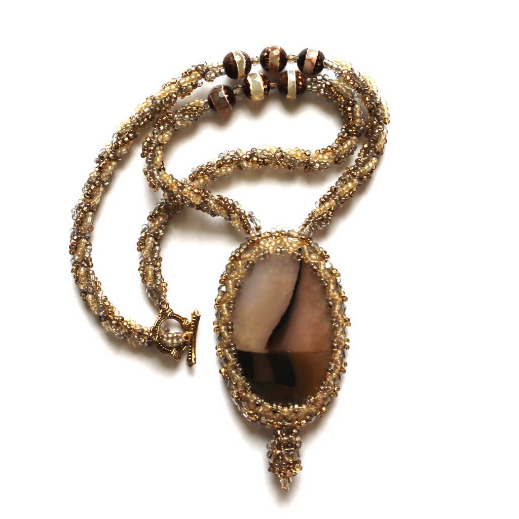 Beaded pendant Brown jewelry Beaded necklace with stone Agate Etsy