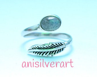 Labradorite Ring, Labradorite Stone Ring, Adjustable Feather Ring, Sterling Silver Ring, Leaf Ring, Midi Ring, Girls Ring, Gypsy Ring